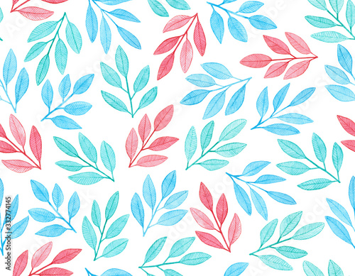 Watercolor illustration. Seamless pattern with delicate red and blue twigs. For textiles  design  cover  poster  greeting card.
