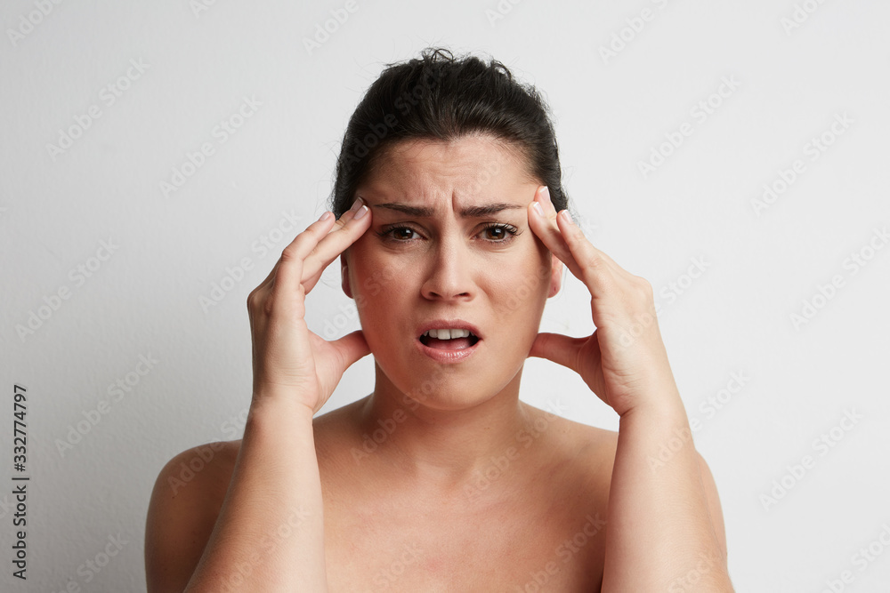 Dark Hair beautiful woman screaming on the white background. Horizontal. Dark Hair beautiful woman screaming on the white background. Horizontal.