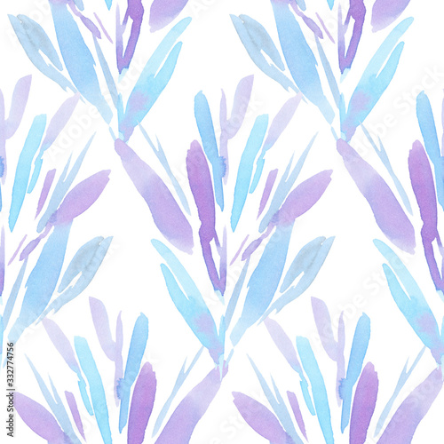 Watercolour seamless botanical pattern. Hand painted artistic ornament for creative design of posters, cards, banners, invitations, cloths, prints and wallpapers. Blue and violet colours.