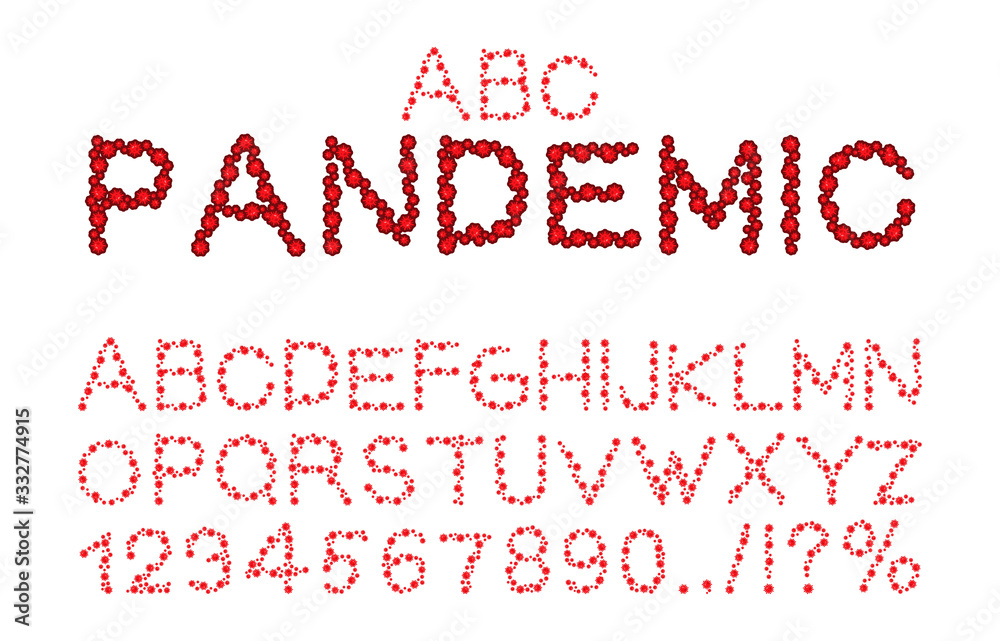 Pandemic font. Virus sign. Bacteria ABC. Coronavirus 2019-ncov letters.