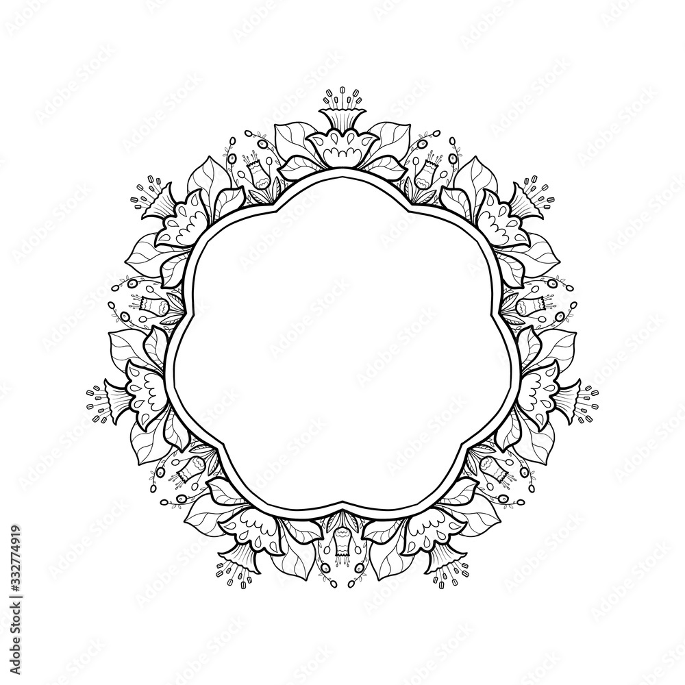 Round frame template. Coloring mandala with a black line on a white background with beautiful decorative flowers, stamens and leaves. Illustration for coloring with a place for an inscription. Round frame template. Coloring mandala with a black line on a white background with beautiful decorative flowers, stamens and leaves. Illustration for coloring with a place for an inscription.