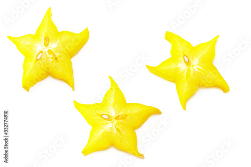 slice ripe star fruit carambola or star apple ( starfruit ) on white background. top view