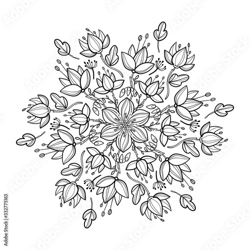 Coloring book with mandala. Mandala with decorative leaves, stamens and flowers with a black line on a white background in cartoon style. Decorative illustration for coloring and rest