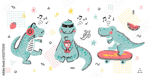 Hand drawn doodle Funny Dinosaur Set. Summer T-shirt print design for kids fashion with Cute Dinosaurs. Cartoon Animal vector illustration