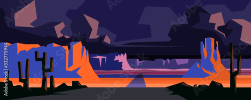 Silhouette illustration of Arizona desert landscape in vivid colors. Cactus in the desert sunset. Stylized vector illustration of a route through the mountain valley