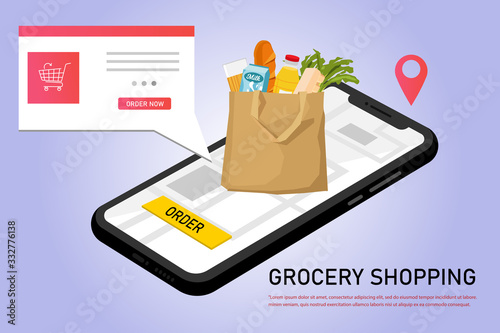 Flat design colorful vector illustration concept for online ordering of food, grocery delivery, e-commerce isolated on bright background.