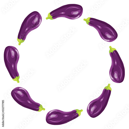 Circle frame made of eggplant vegetables on white background with copy space. Vector illustration in cartoon realistic
