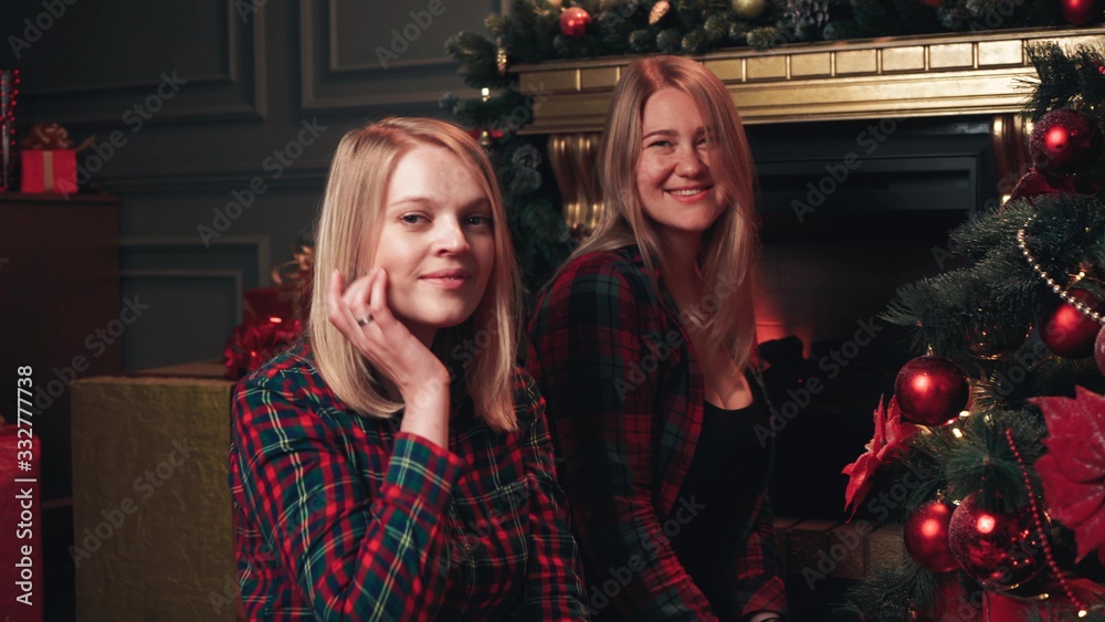 Two blondes in red shirts decorate the Christmas tree for the New Year or Christmas. Two blondes in red shirts decorate the Christmas tree for the New Year or Christmas.