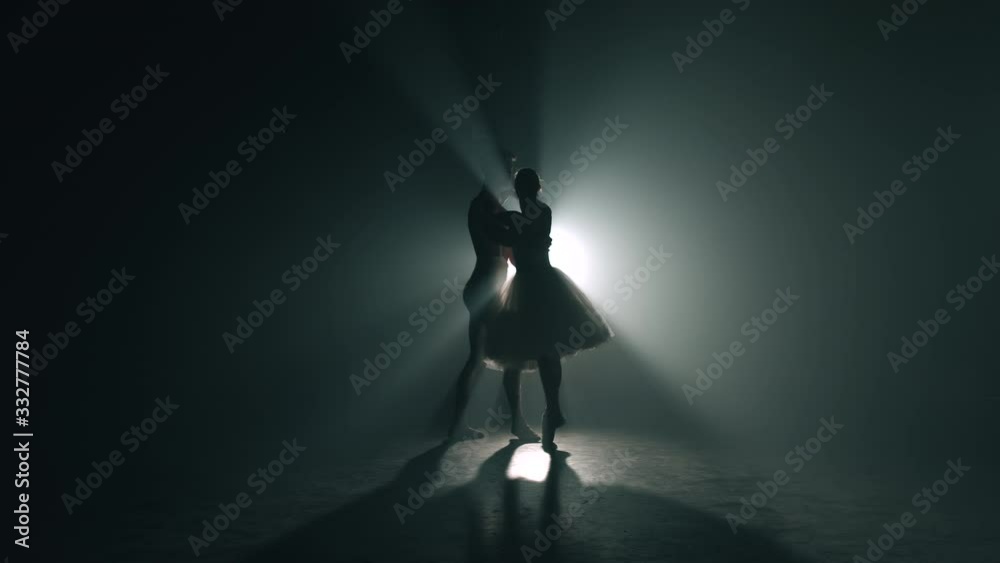 Professional ballet couple dancing in spotlights smoke on big stage. Professional ballet couple dancing in spotlights smoke on big stage.
