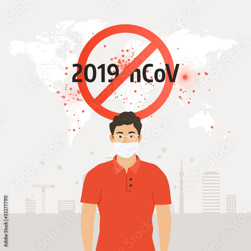 Stop Coronavirus. Man in protective medical mask. Coronavirus icon with red prohibit sign, 2019-nCoV. Vector illustration