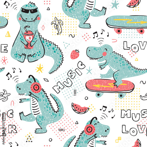 Music Lover Dinosaur Seamless pattern for kids fashion. Childish Background with Cute Dinosaurs. Cartoon Animal vector illustration