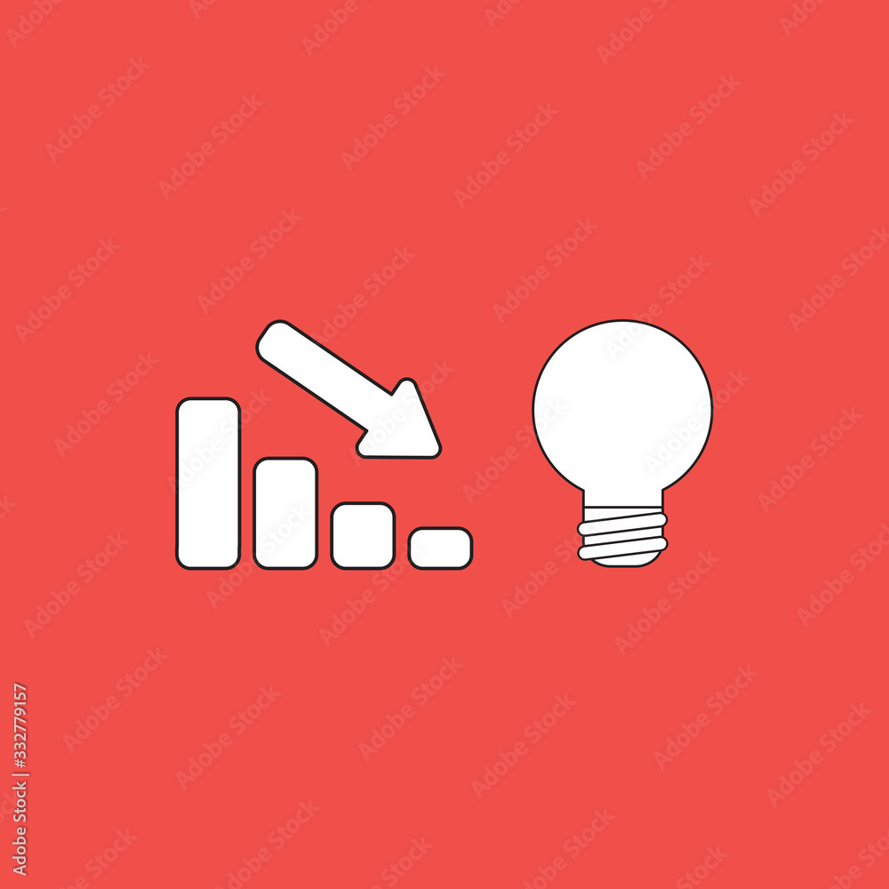 Vector icon concept of sales bar chart with arrow pointing down and light bulb symbolizes bad idea. Vector icon concept of sales bar chart with arrow pointing down and light bulb symbolizes bad idea.
