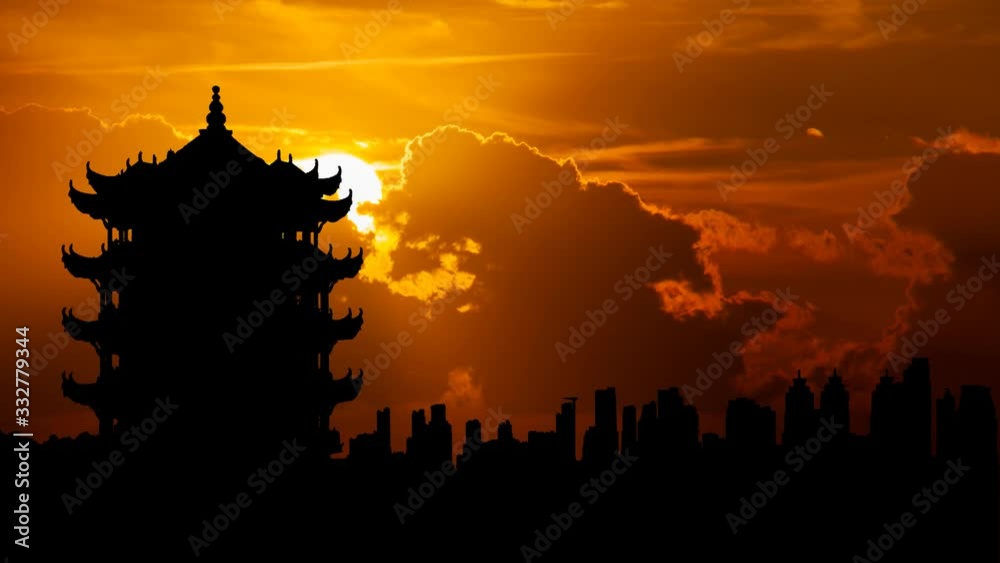 Wuhan Skyline: Time Lapse at Sunset with Red Clouds and Fiery Sky, Corona Virus epidemic concept, China
