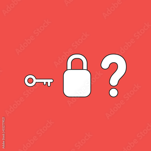 Vector icon concept of key with closed padlock without keyhole and question mark.
