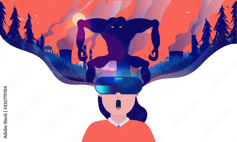 Virtual horror - Woman using VR headset to get scared. Scary monster in a apocalyptic landscape and sky. Video game, entertainment and technology concept. Stock Vector | Adobe