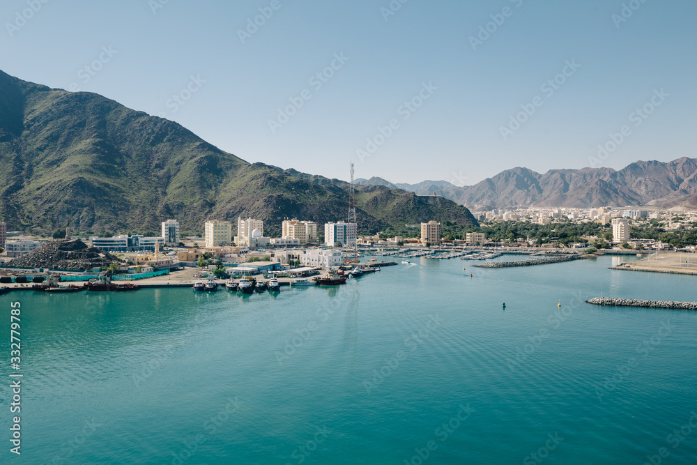 Landscape view to Khorfakkan Port from cruise ship. Sharjah, UAE