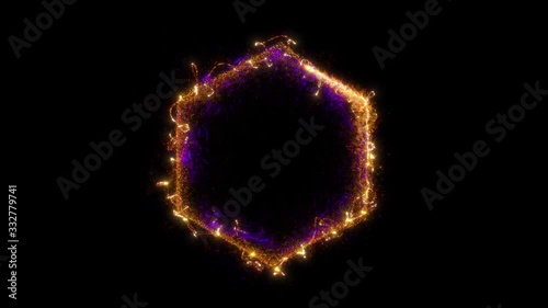 Seamless loop. Animation of a hexagonal yellow portal consisting of particles and bursts of energy isolated on black background with alpha luma matte VFX CG 4k.