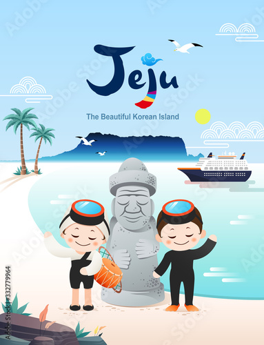 Beautiful Korean Island, Jeju. Beach and stone grandfather background, traditional female divers and male divers welcome to visit Jeju Island. photo