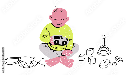 Baby is sitting on the floor and playing with a toy car cubes and a drum lying around. Vector illustration. Flat design