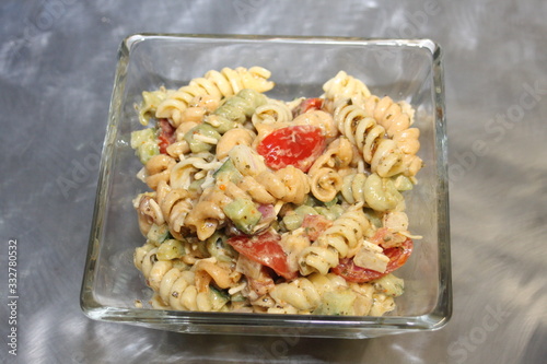 Pasta Salad in a Square Glass Bowl