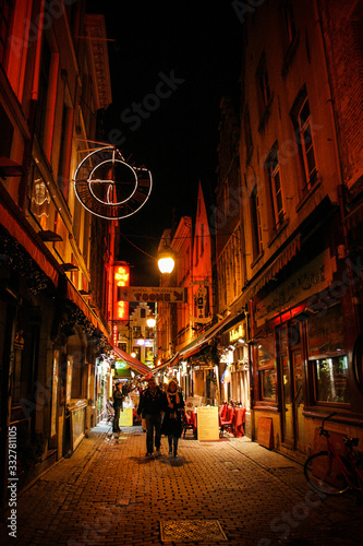 Brussels by night, little streets with city lights