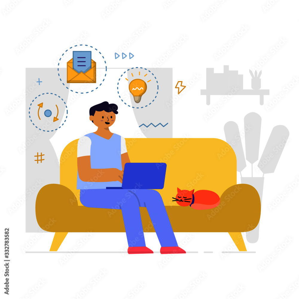 Fototapeta premium Flat Style Design. Freelancer Working at Home Telecommuting Vector Illustration