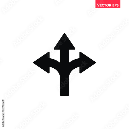 Black 3 way direction arrow icon, simple tag infographic flat design pictogram concept vector for app ads web banner button ui ux interface elements isolated on white background