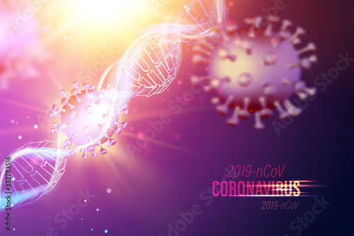Computer model of Coronavirus in futuristic rays inside human DNA genome over violet background. 3d model of virus 19-nCov. Medical illustration.