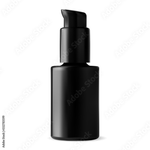 Black sanitizer bottle. Serum spray glass package mock up. Glass packaging with dispenser cap for skin cream, antiseptic gel