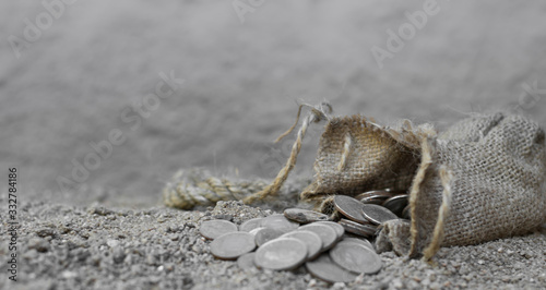 Canvastavla sack with the thirty silver coins biblical symbol of the betrayal of judas