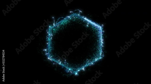 Seamless loop. Animation of a hexagonal blue portal consisting of particles and bursts of energy isolated on black background with alpha luma matte VFX CG 4k.