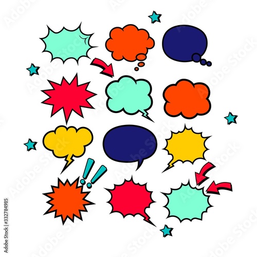 Retro empty comic bubbles in bright colors or speech and thought icon set on isolated white background. Pop art style, vintage design. EPS 10 vector.