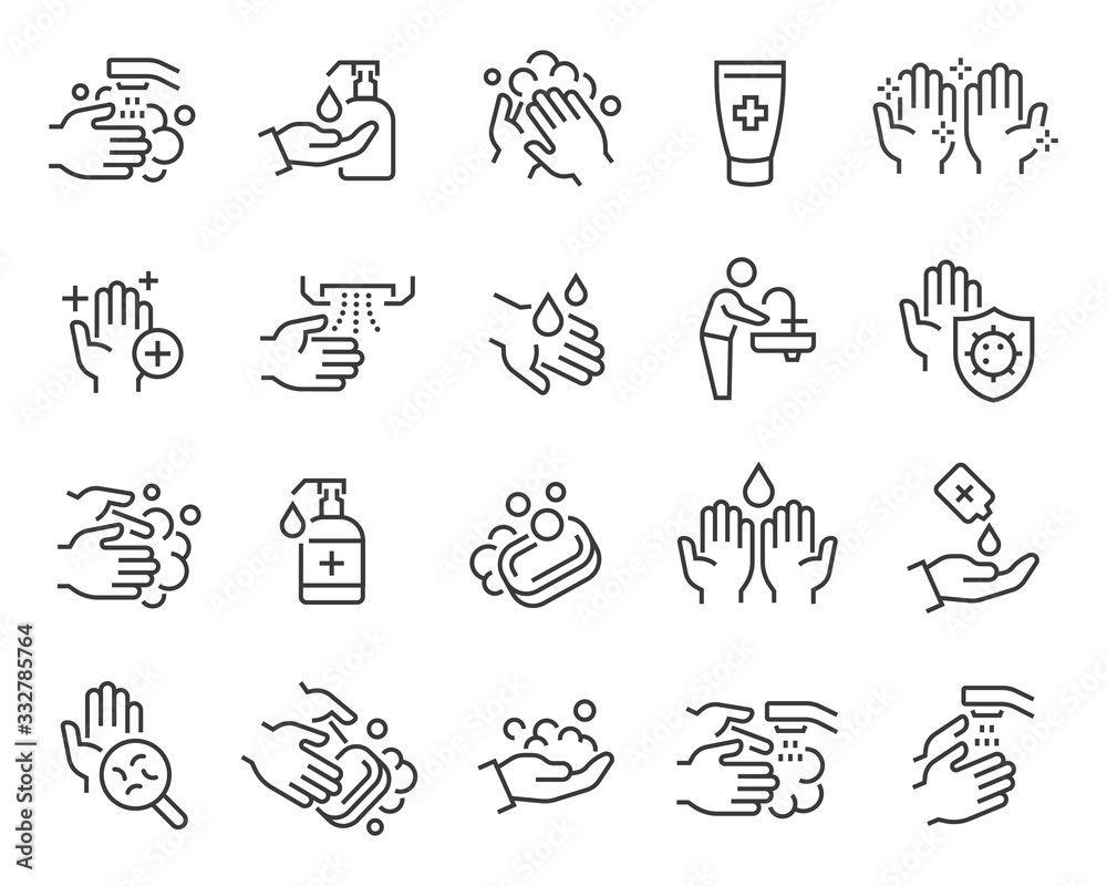 Plakat Washing Hands and Hygiene icons set. Editable vector stroke.