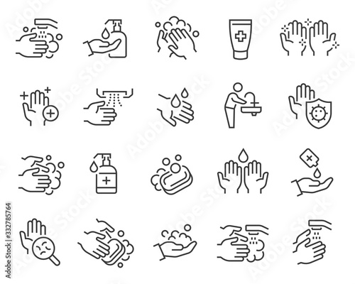 Washing Hands and Hygiene icons set. Editable vector stroke. photo
