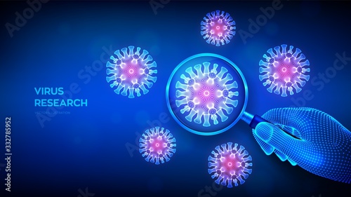 Virus research concept with magnifier in wireframe hand and abstract novel coronavirus bacteria. Magnifying glass and virus cell close up. Coronavirus 2019-nCov. COVID-19. 3D vector illustration.