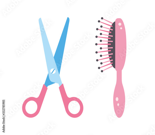 Scissors and hair brush comb flat icons isolated