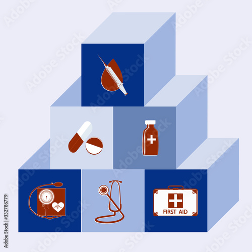 Cubes with medical symbols - stethoscope, first aid bag, tonometer - isolated on a light background - vector.