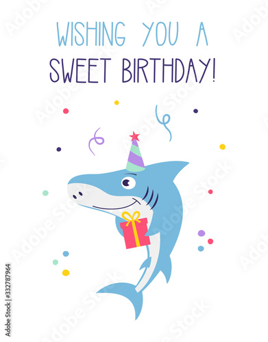 birthday card with shark isolated on white, wishing you a sweet birthday