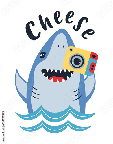 card of cute shark with photocamera isolated on white, lettering cheese, animal marine print