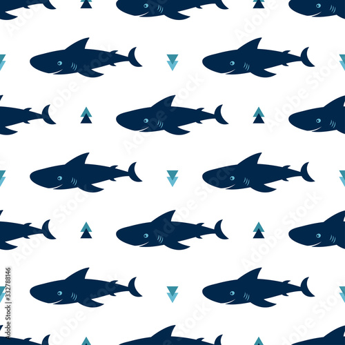 seamless pattern of cute sharks isolated on white, animal marine print