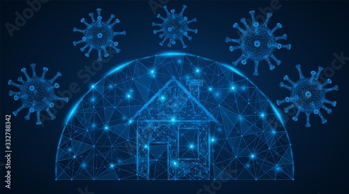 Home under the dome. Protection against virus and infection. Low-poly design. Blue background.