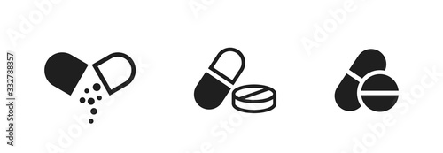 pill icon set. medicament and pharmaceutical symbol. medical design element photo