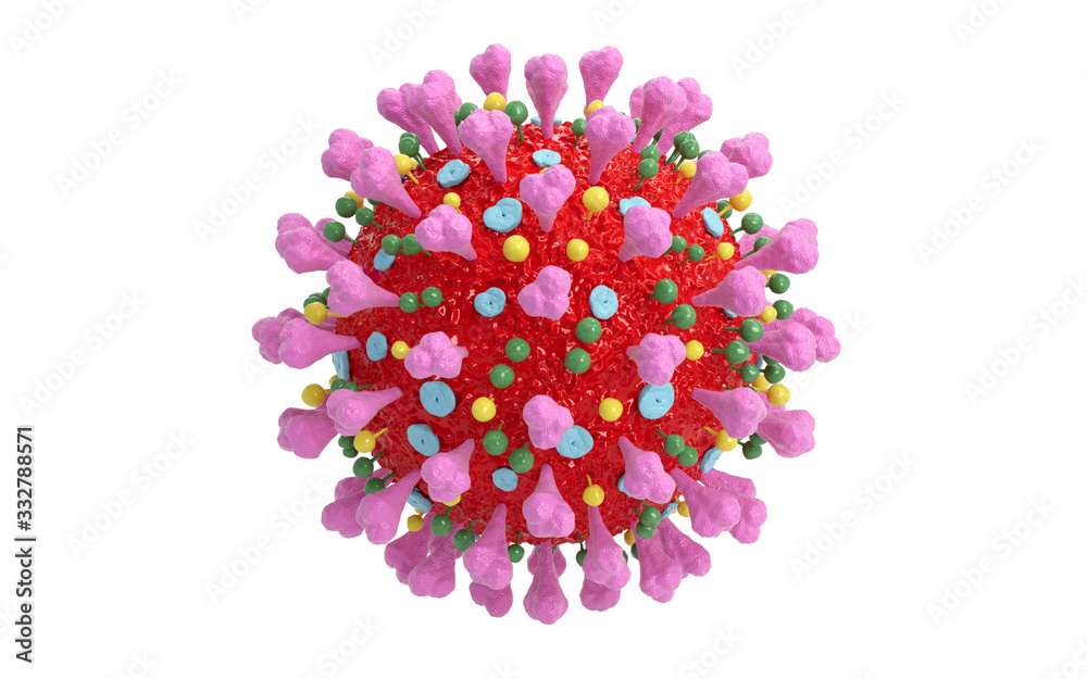 Fototapeta premium Covid-19 coronavirus virus that causes acute respiratory infections. Sars-CoV-2 pathogen under the microscope. Isolated on white background. 3d render.