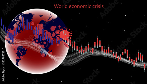 Vector stock market illustration. Changes in the stock market due to a coronavirus pandemic. Forex trading graph in graphical form. World economic crisis. 2019-nCov. Spread of the virus on a world map
