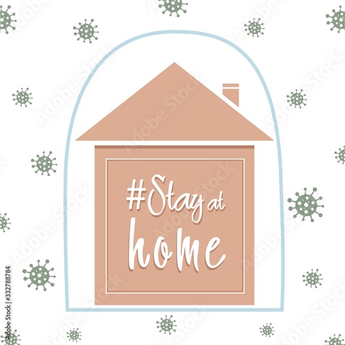 Vector icon of house, hashtag Stay at home and coronavirus under the microscope. Quarantine of coronavirus. Covid-19. Self-isolation.