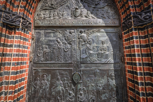 Metal door of Saint James the Apostle Cathedral in Szczecin city, Poland