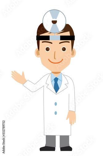 額帯鏡をつけた笑顔の男性医師歯科医のイラスト｜耳鼻科医　全身　ネクタイ白衣｜Illustration of doctor