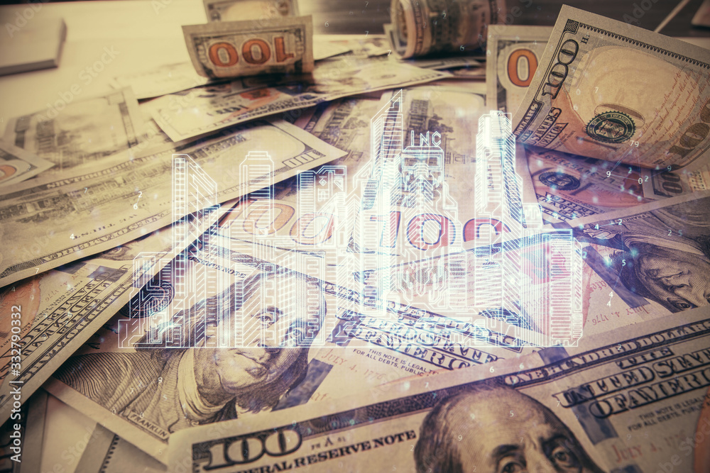Double exposure of town drawing over usa dollars bill background. smart city concept. Double exposure of town drawing over usa dollars bill background. smart city concept.