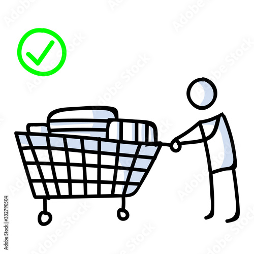 Dont panic buy and stockpile. Corona virus covid 19 stickman shopping cart infographic. Right and considerate shopping. Community support graphic vector clipart. Icon set in black white. photo