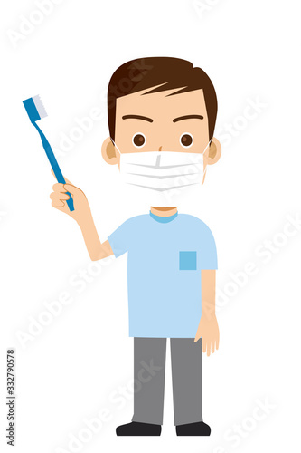 歯ブラシを持つ男性医師歯科医のイラスト｜歯医者　全身　半袖ユニフォームマスク｜Illustration of doctor